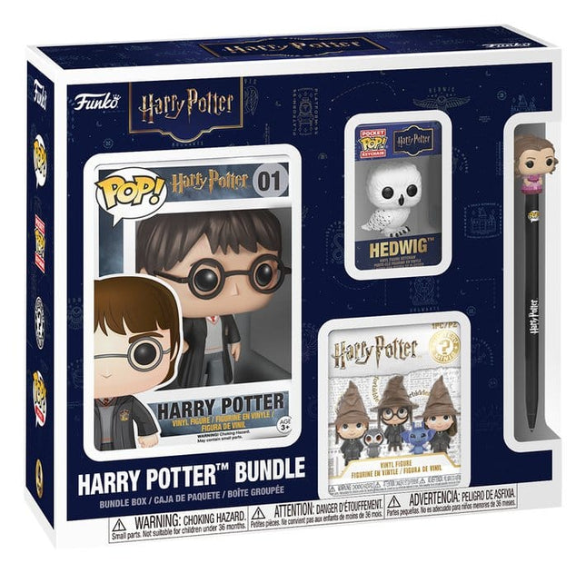 Funko Harry Potter 4-Pack Bundle med Harry Potter POP!-figur, Hedwig-nøglering, Mystery Mini og Hermione Granger-kuglepen.