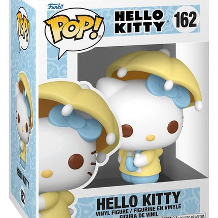 Funko POP! Hello Kitty with Umbrella #162 i pastelgul regnjakke med lyseblå sløjfe, støvler og paraply.