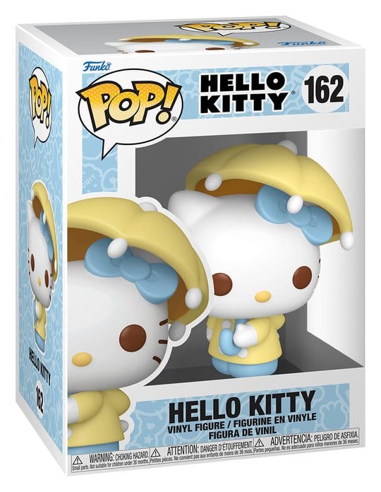Funko POP! Hello Kitty with Umbrella #162 i pastelgul regnjakke med lyseblå sløjfe, støvler og paraply.