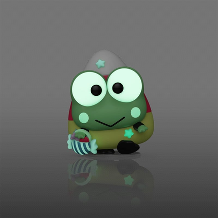 Funko POP! Hello Kitty and Friends Keroppi Spooky Glow in the Dark #157 i candy corn-kostume med slikkurv og original æske.