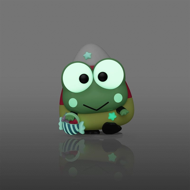 Funko POP! Hello Kitty and Friends Keroppi Spooky Glow in the Dark #157 i candy corn-kostume med slikkurv og original æske.