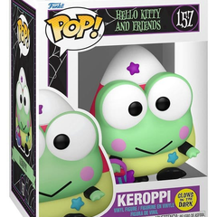 Funko POP! Hello Kitty and Friends Keroppi Spooky Glow in the Dark #157 i candy corn-kostume med slikkurv og original æske.