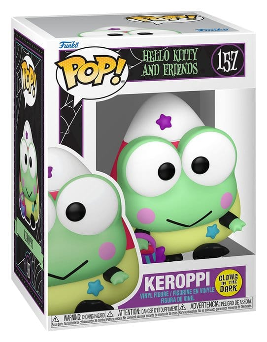 Funko POP! Hello Kitty and Friends Keroppi Spooky Glow in the Dark #157 i candy corn-kostume med slikkurv og original æske.