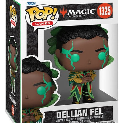 Funko POP! Dellian Fel #1325 fra Magic: The Gathering med grønne energimarkeringer og detaljeret dragt.