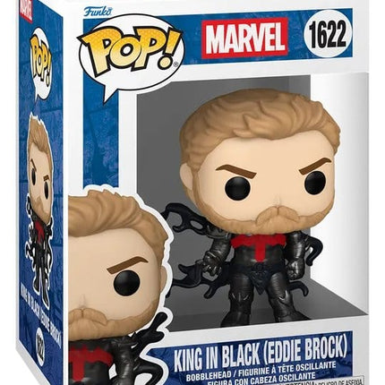 Funko POP! Marvel King in Black Eddie Brock #1622 i sort rustning med rødt brystsymbol og symbiotiske fangarme i original vinduesæske.