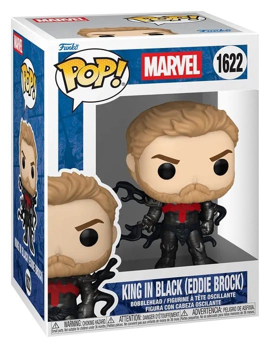 Funko POP! Marvel King in Black Eddie Brock #1622 i sort rustning med rødt brystsymbol og symbiotiske fangarme i original vinduesæske.