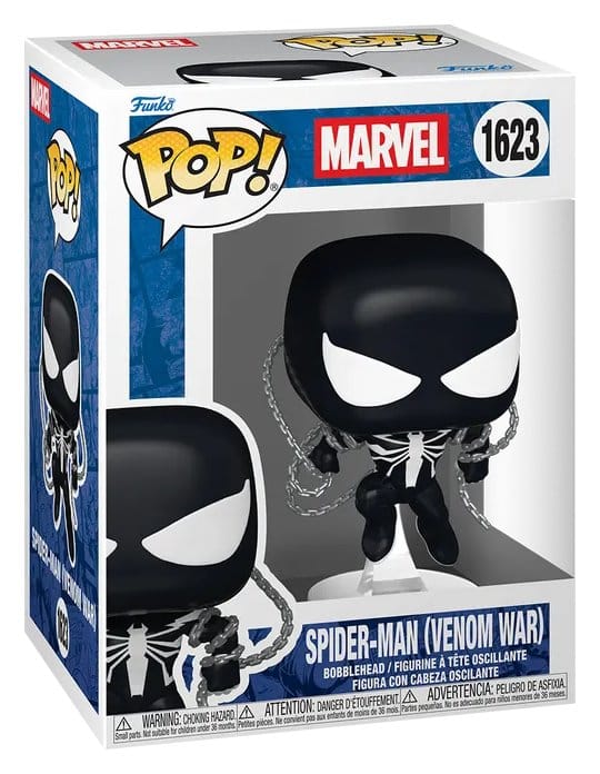 Funko POP! Spider-Man (Venom War) #1623 i sort symbiotedragt med hvidt edderkoppeemblem og sølvfarvede kæder.