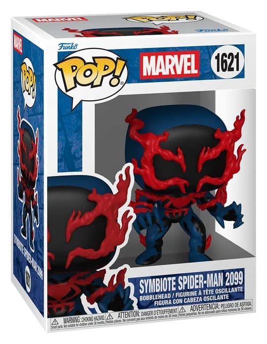 Funko POP! Symbiote Spider-Man 2099 #1621 med mørk dragt og røde symbioteeffekter i original vinduesæske.