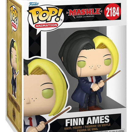 Funko POP! Mashle Magic and Muscles Finn Ames #2184 i skoleuniform med sort og gult hår samt tryllestav i æske med vindue.