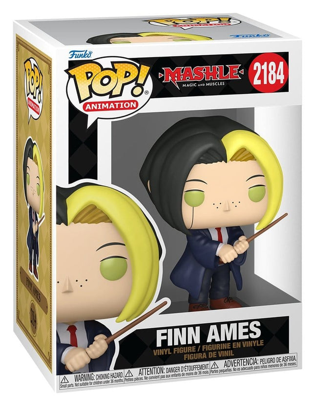 Funko POP! Mashle Magic and Muscles Finn Ames #2184 i skoleuniform med sort og gult hår samt tryllestav i æske med vindue.