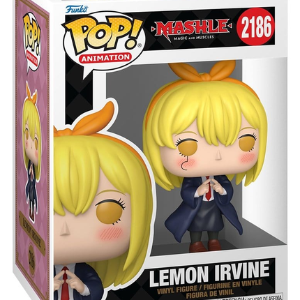Funko POP! Mashle Magic and Muscles Lemon Irvine #2186 med blondt hår, orange sløjfe og skoleuniform i æske med vindue.