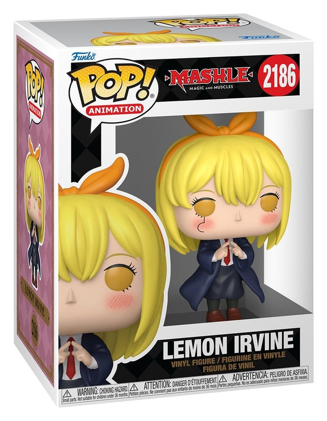 Funko POP! Mashle Magic and Muscles Lemon Irvine #2186 med blondt hår, orange sløjfe og skoleuniform i æske med vindue.