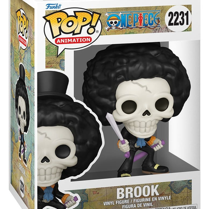 Funko POP! One Piece Brook with Soul Solid #2231 som skeletmusiker med afro og trukket sværd i æske med vindue.