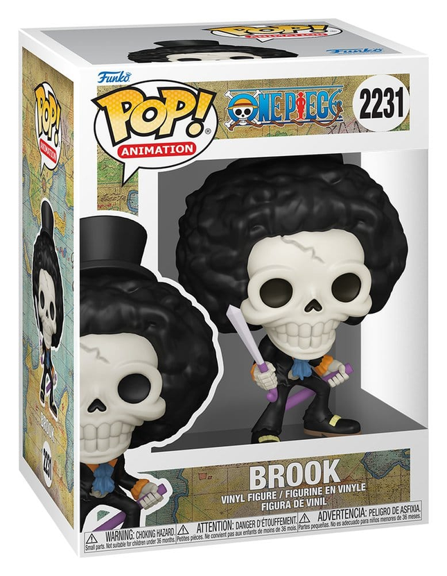 Funko POP! One Piece Brook with Soul Solid #2231 som skeletmusiker med afro og trukket sværd i æske med vindue.