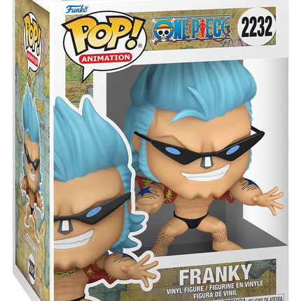 Funko POP! One Piece Franky with Sunglasses #2232 med blåt hår, sorte solbriller og åben hawaiiskjorte i æske med vindue.