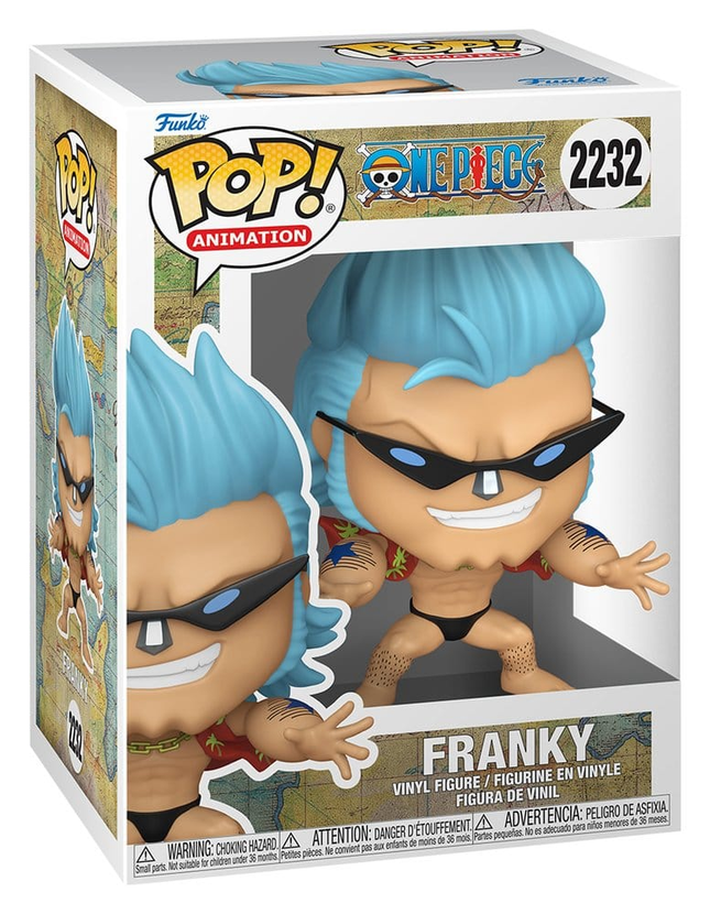 Funko POP! One Piece Franky with Sunglasses #2232 med blåt hår, sorte solbriller og åben hawaiiskjorte i æske med vindue.