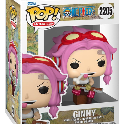 Funko POP! One Piece Ginny with Rifle #2205 med pink hår, røde goggles og gevær i original æske.