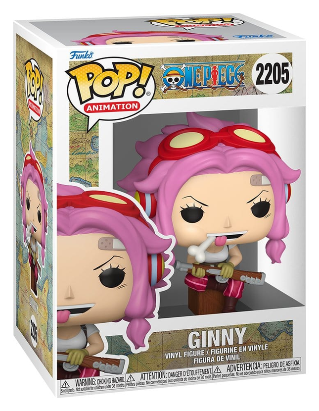 Funko POP! One Piece Ginny with Rifle #2205 med pink hår, røde goggles og gevær i original æske.