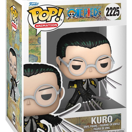 Funko POP! One Piece Kuro #2225 i sort jakkesæt med runde briller og lange kattekløer i æske med vindue.