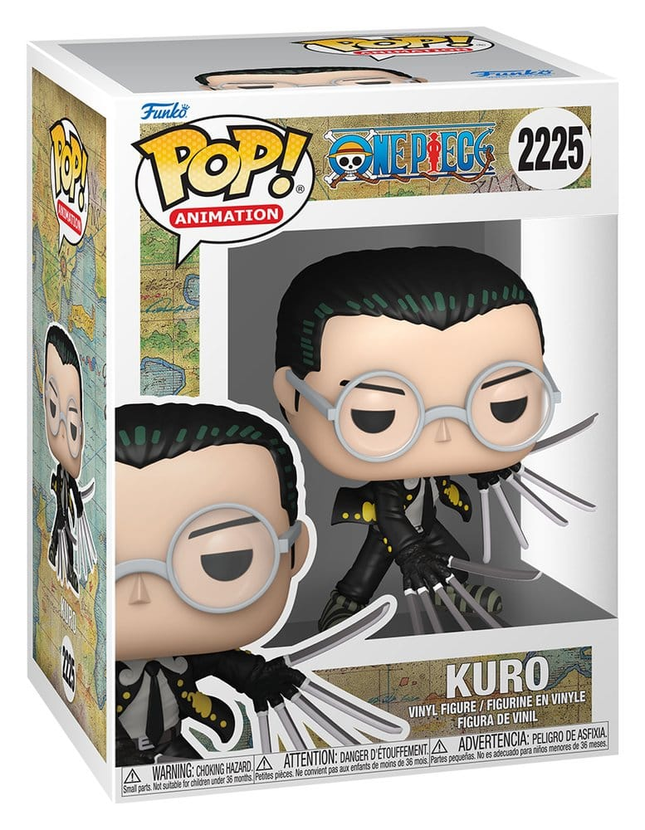 Funko POP! One Piece Kuro #2225 i sort jakkesæt med runde briller og lange kattekløer i æske med vindue.
