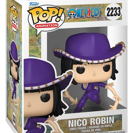 Funko POP! One Piece Nico Robin Hana Hana no Mi #2233 i lilla outfit med hat og flere frembragte arme i æske med vindue.