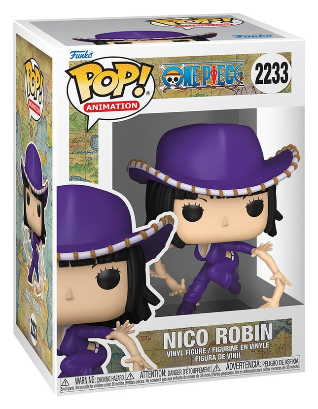 Funko POP! One Piece Nico Robin Hana Hana no Mi #2233 i lilla outfit med hat og flere frembragte arme i æske med vindue.