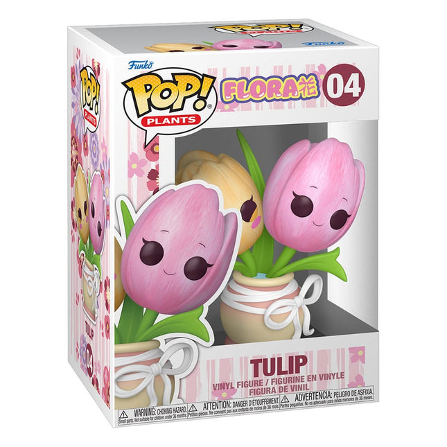 Funko POP! Plants Flora Tulip #04 med tre smilende lyserøde og gule tulipaner i dekorativ potte og original æske.