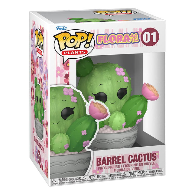 Funko POP! Plants Flora Barrel Cactus #01 med grønne kaktusser, lyserøde blomster og grå potte.