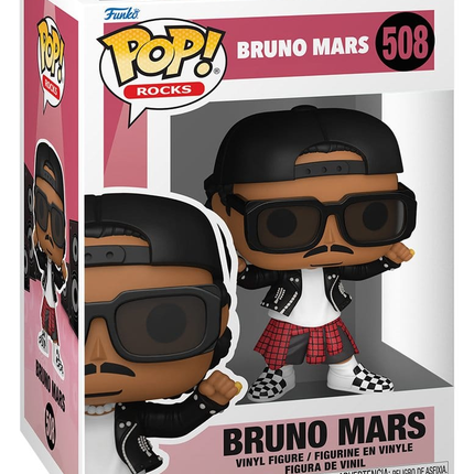 Funko POP! Rocks Bruno Mars #508 med solbriller, sort jakke og bagvendt kasket i original vinduesæske.