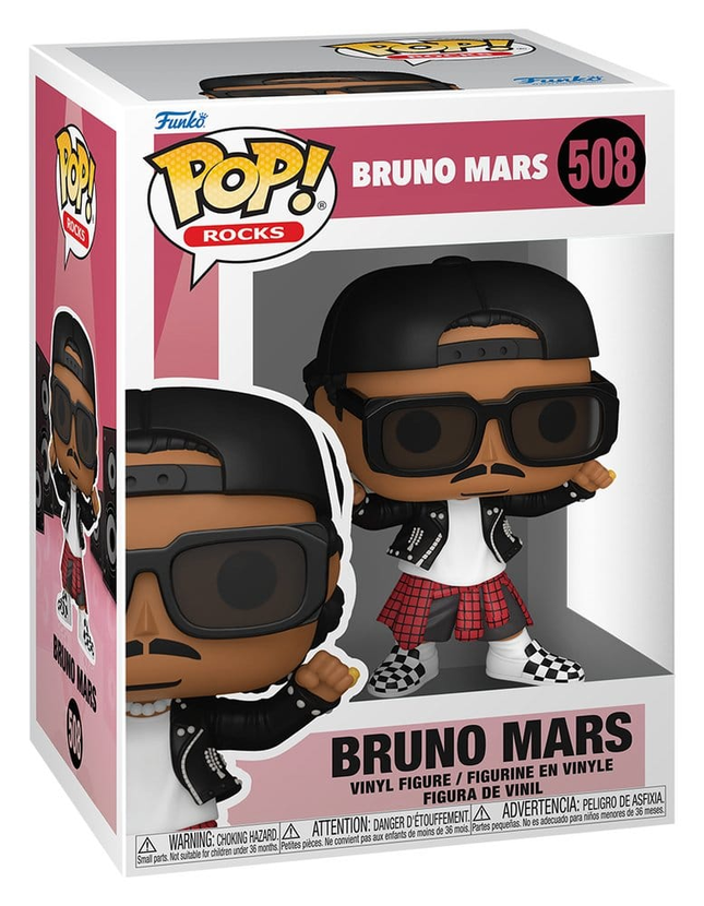 Funko POP! Rocks Bruno Mars #508 med solbriller, sort jakke og bagvendt kasket i original vinduesæske.
