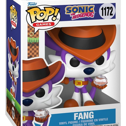 Funko POP! Sonic the Hedgehog Fang the Hunter #1172 med orange hat, lilla outfit og ædelsten i original æske.