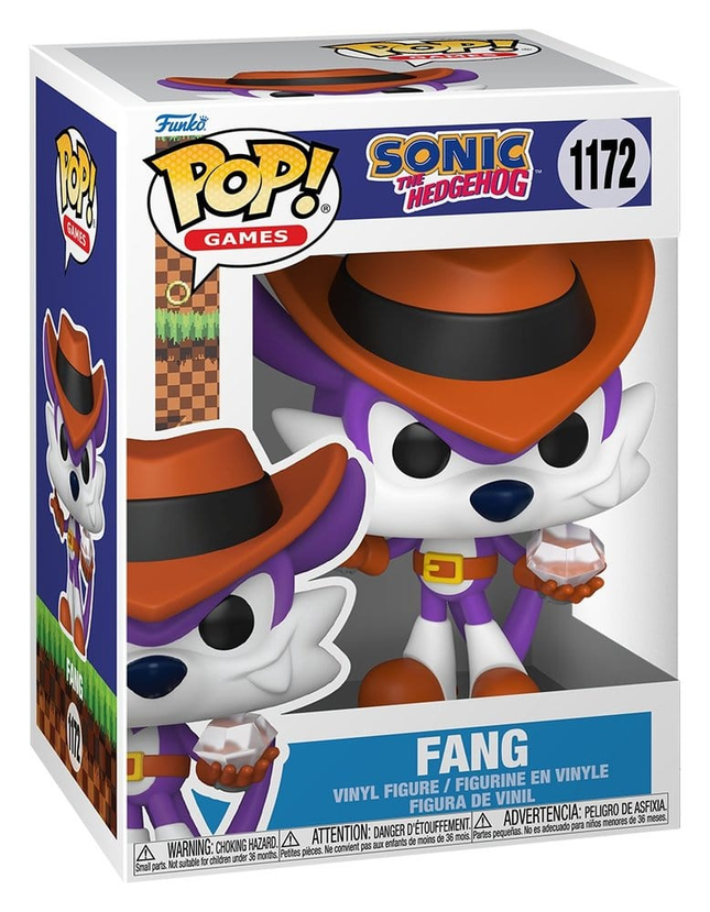 Funko POP! Sonic the Hedgehog Fang the Hunter #1172 med orange hat, lilla outfit og ædelsten i original æske.