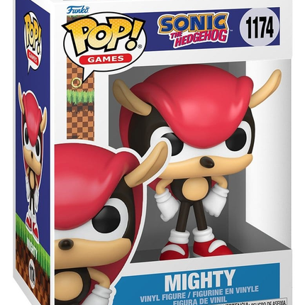 Funko POP! Sonic the Hedgehog Mighty the Armadillo #1174 med rød skal, hvide handsker og røde sko i original æske.