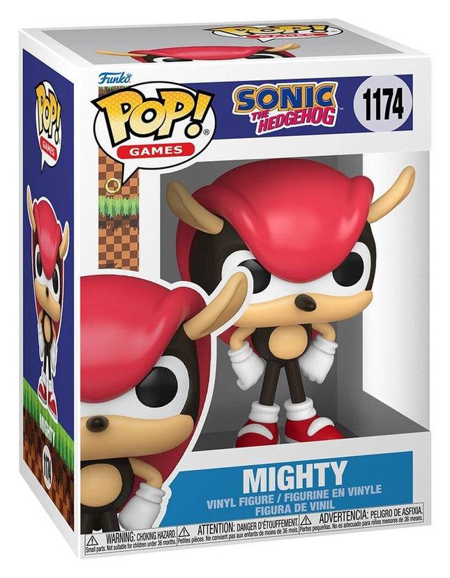 Funko POP! Sonic the Hedgehog Mighty the Armadillo #1174 med rød skal, hvide handsker og røde sko i original æske.