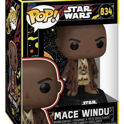 Funko POP! Star Wars Mace Windu Retro #834 med brun Jedi-kappe, lilla lyssværd og retroinspireret originalæske.