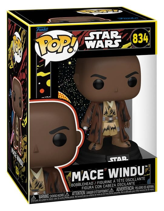 Funko POP! Star Wars Mace Windu Retro #834 med brun Jedi-kappe, lilla lyssværd og retroinspireret originalæske.