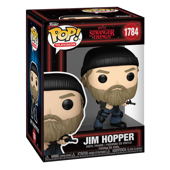Funko POP! Stranger Things Season 5 Jim Hopper #1784 med sort hue, kraftigt skæg, taktisk udstyr og skydevåben i original æske.
