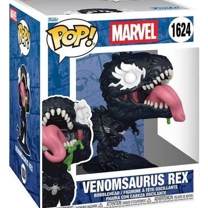 Funko POP! Super Marvel Venomsaurus Rex #1624 som sort symbiotisk dinosaur med skarpe tænder og lang tunge i original vinduesæske.