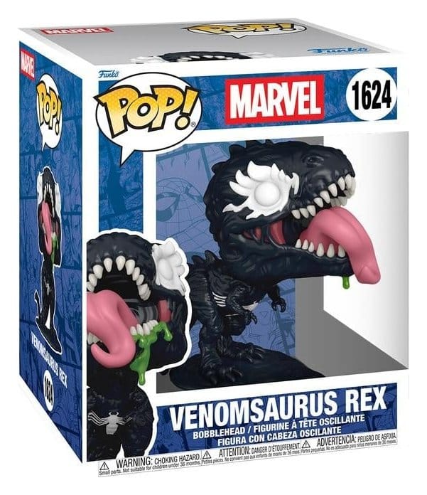 Funko POP! Super Marvel Venomsaurus Rex #1624 som sort symbiotisk dinosaur med skarpe tænder og lang tunge i original vinduesæske.