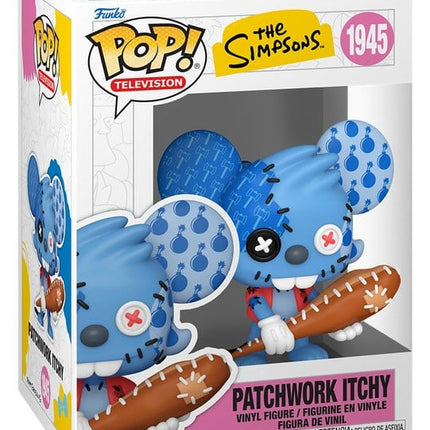 Funko POP! Television The Simpsons Patchwork Itchy #1945 som blå patchwork-mus med knapøjne, synlige sting og baseballbat.