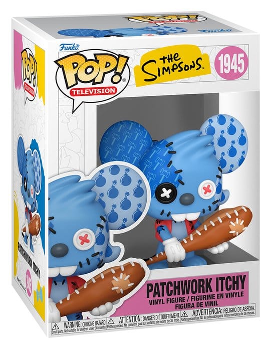 Funko POP! Television The Simpsons Patchwork Itchy #1945 som blå patchwork-mus med knapøjne, synlige sting og baseballbat.