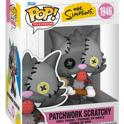 Funko POP! Television The Simpsons Patchwork Scratchy #1946 som grå patchwork-kat med knapøjne, synlige sting og baseballbat.