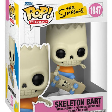Funko POP! Television The Simpsons Skeleton Bart #1947 som skelet i orange trøje og blå shorts med skateboard.