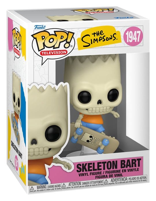 Funko POP! Television The Simpsons Skeleton Bart #1947 som skelet i orange trøje og blå shorts med skateboard.