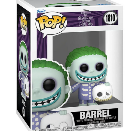 Funko POP! Barrel #1810 fra The Nightmare Before Christmas med grønt hår, skeletkostume og kraniemaskering.