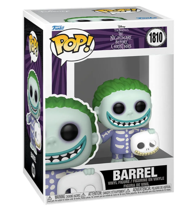 Funko POP! Barrel #1810 fra The Nightmare Before Christmas med grønt hår, skeletkostume og kraniemaskering.