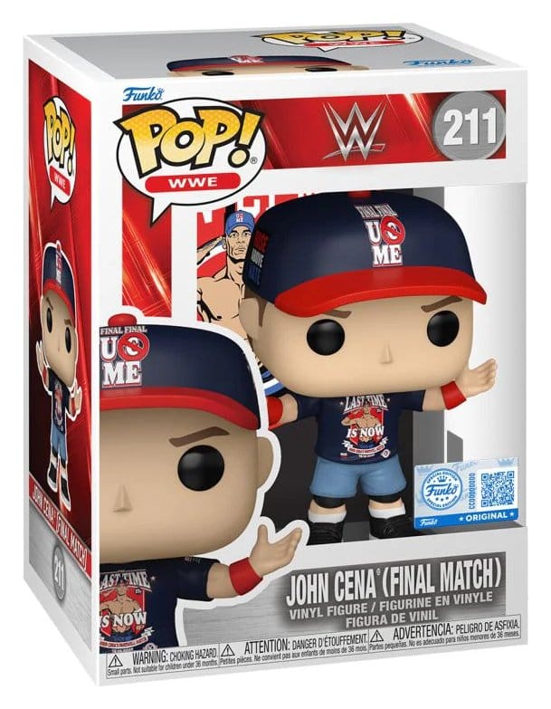 Funko POP! WWE John Cena Final Match #211 med blå og rød kasket, mørk T-shirt og armene ud til siderne.