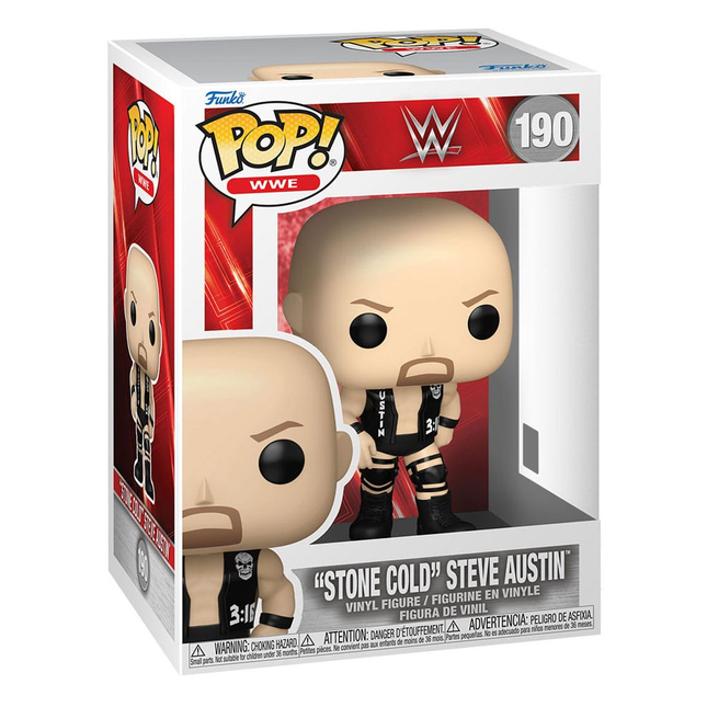Funko POP! WWE “Stone Cold” Steve Austin #190 med sort Austin 3:16-vest og knæstøtter i original æske.
