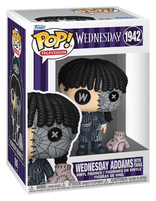 Funko POP! Wednesday Addams med Thing (Patchwork) #1942 med knapøjne, syninger og Nevermore-uniform i original æske.