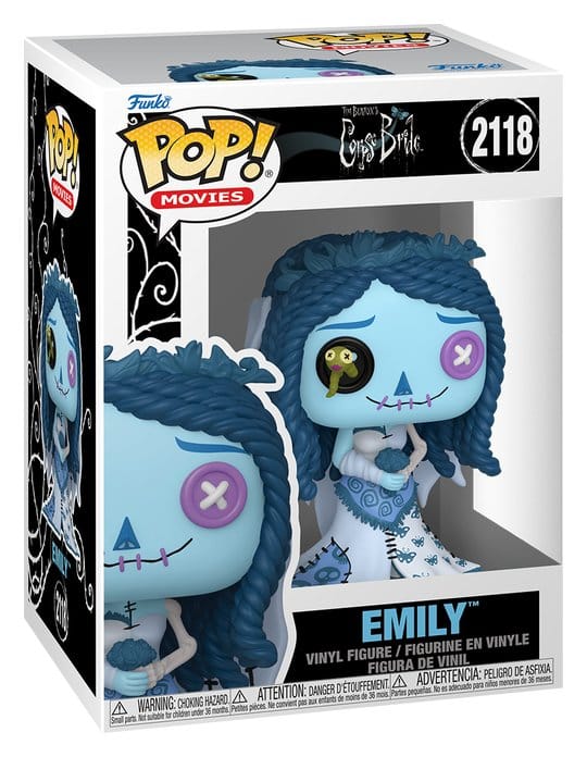 Funko POP! Emily (Patchwork) #2118 fra Tim Burtons Corpse Bride med knapøjne, blåt hår og detaljeret brudekjole i original æske.